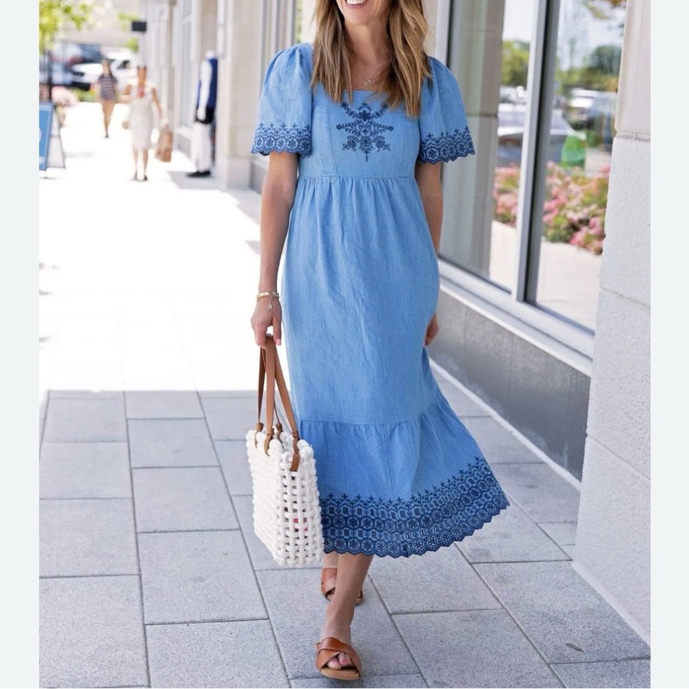 Old Navy Blue Denim Embroidered Midi Dress